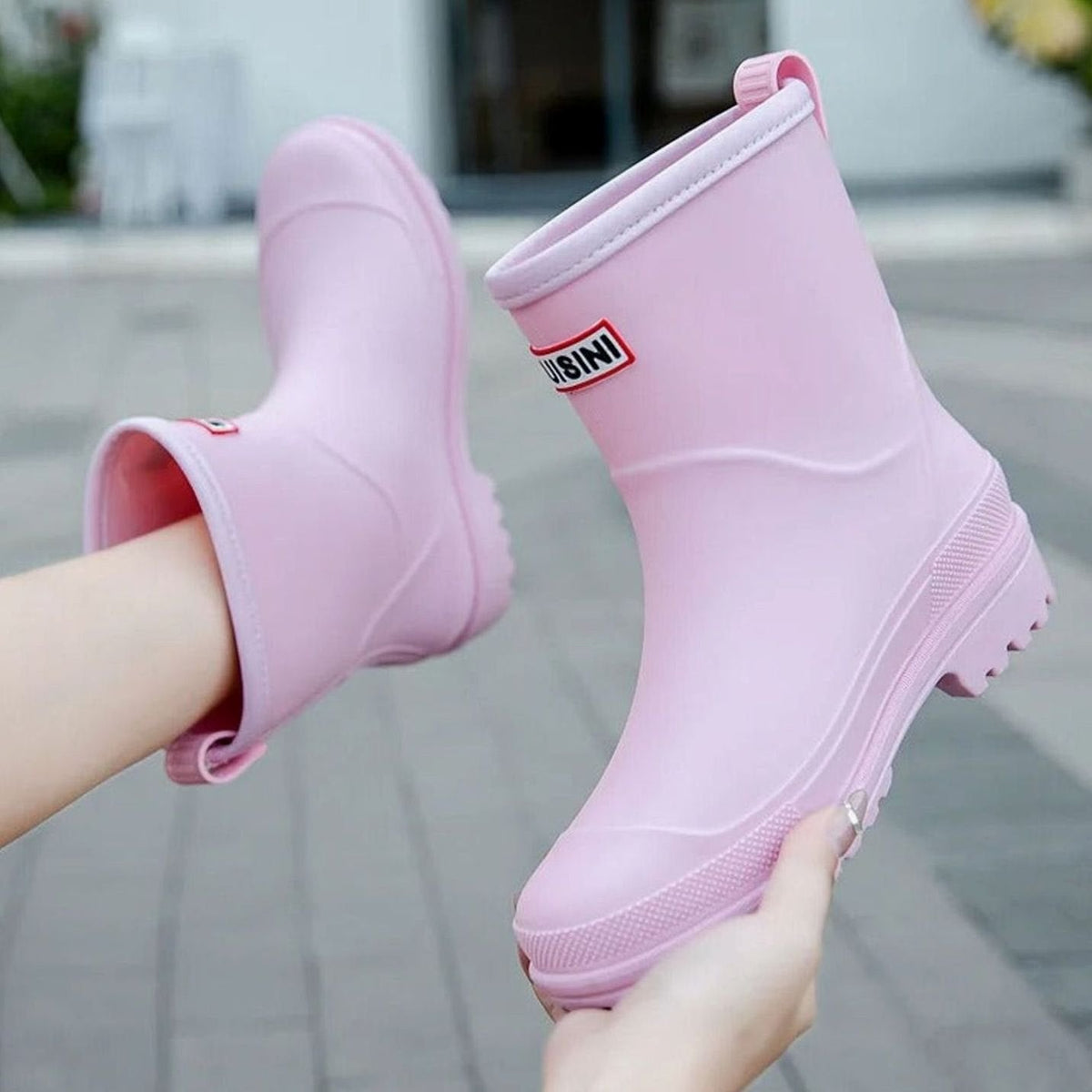 Women's Pull-On Rain Boots with Treaded Sole - Pink