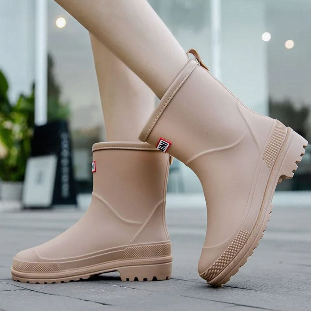 Women's Pull-On Rain Boots with Treaded Sole - Beige