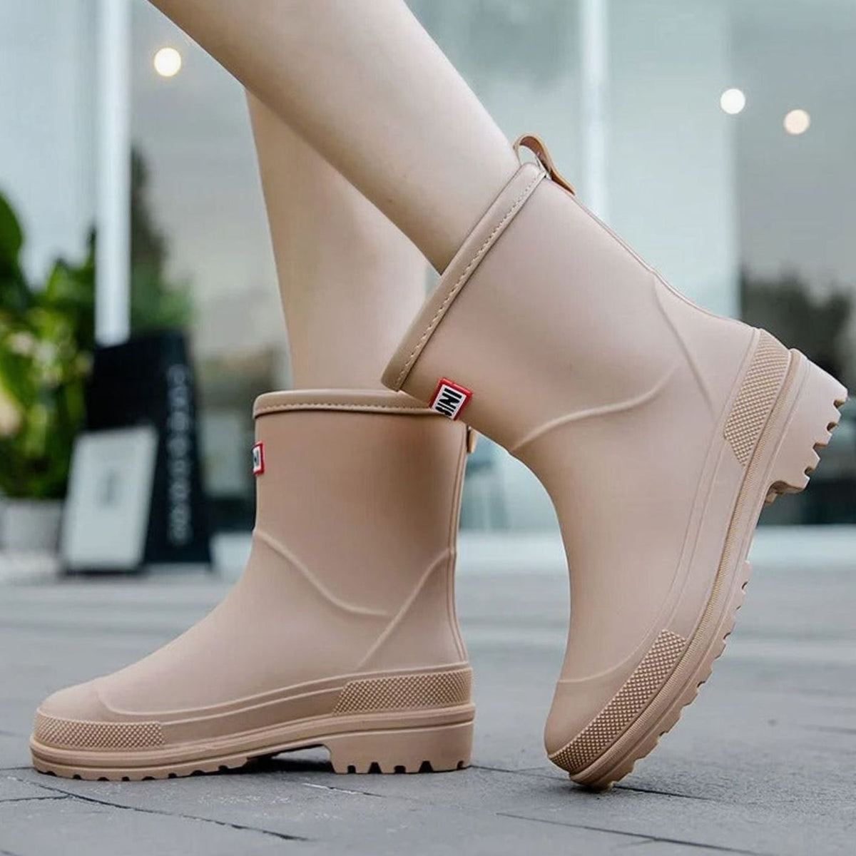 Women's Pull-On Rain Boots with Treaded Sole - Beige