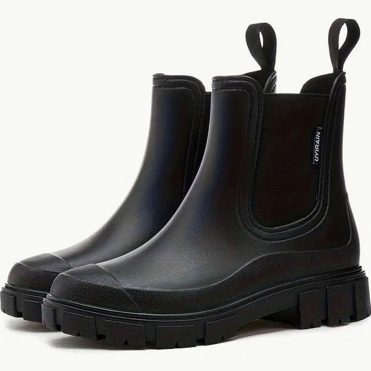 Women's Waterproof Lug-Sole Chelsea Rain Boots - Black