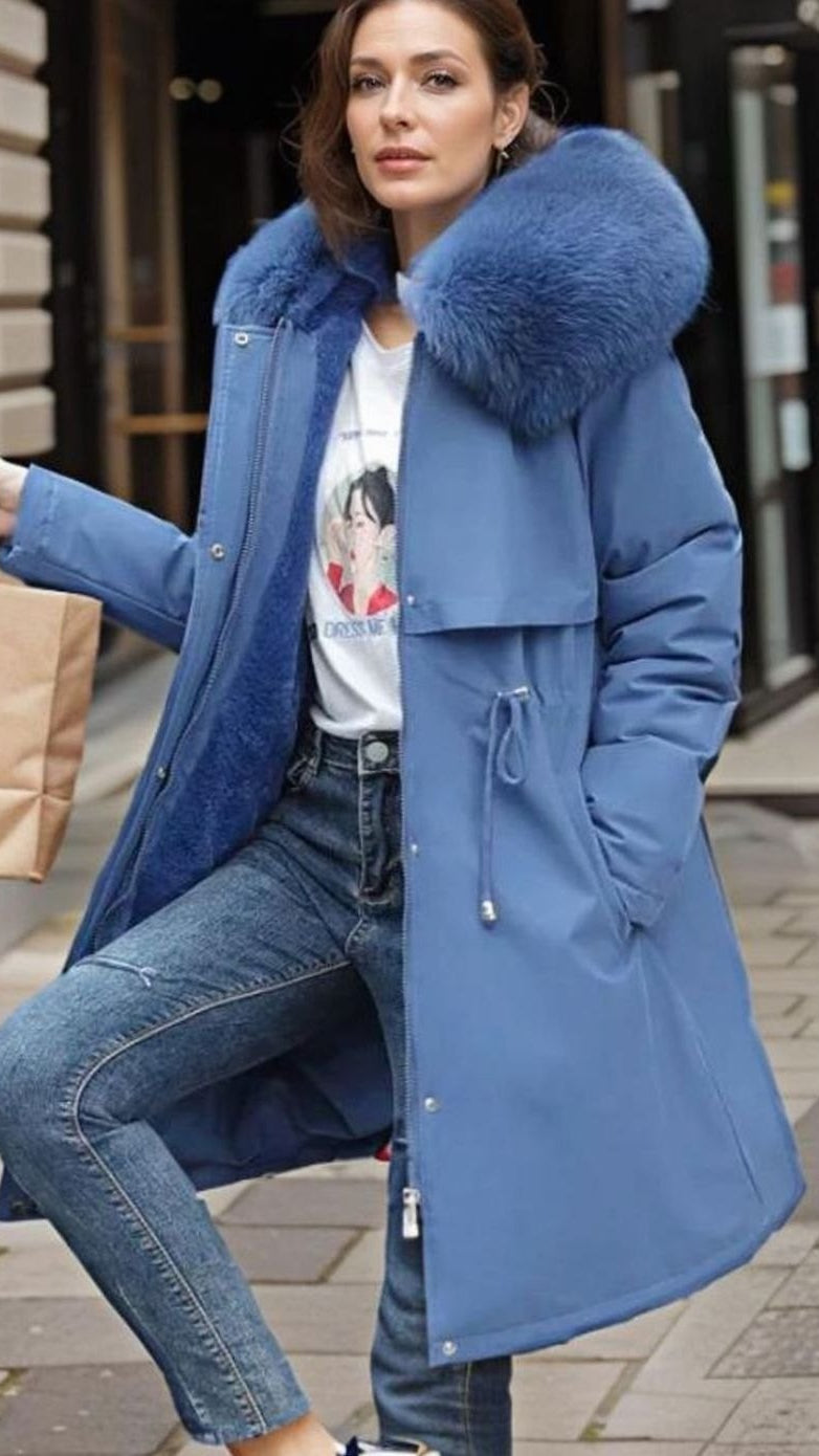 Women's Waterproof Faux-Fur Hood Winter Parka - Blue
