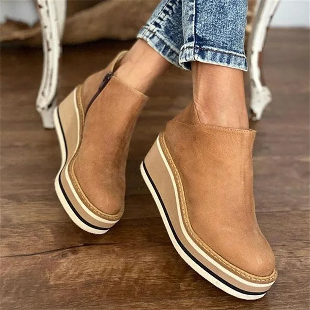 Women's Wedge Platform Zip-Up Ankle Boots Round Toe