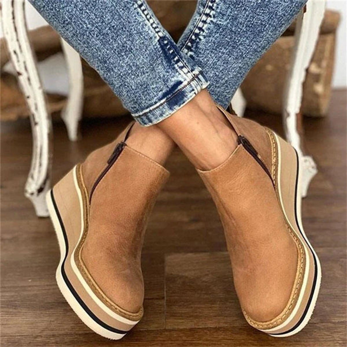 Women's Wedge Platform Zip-Up Ankle Boots Round Toe