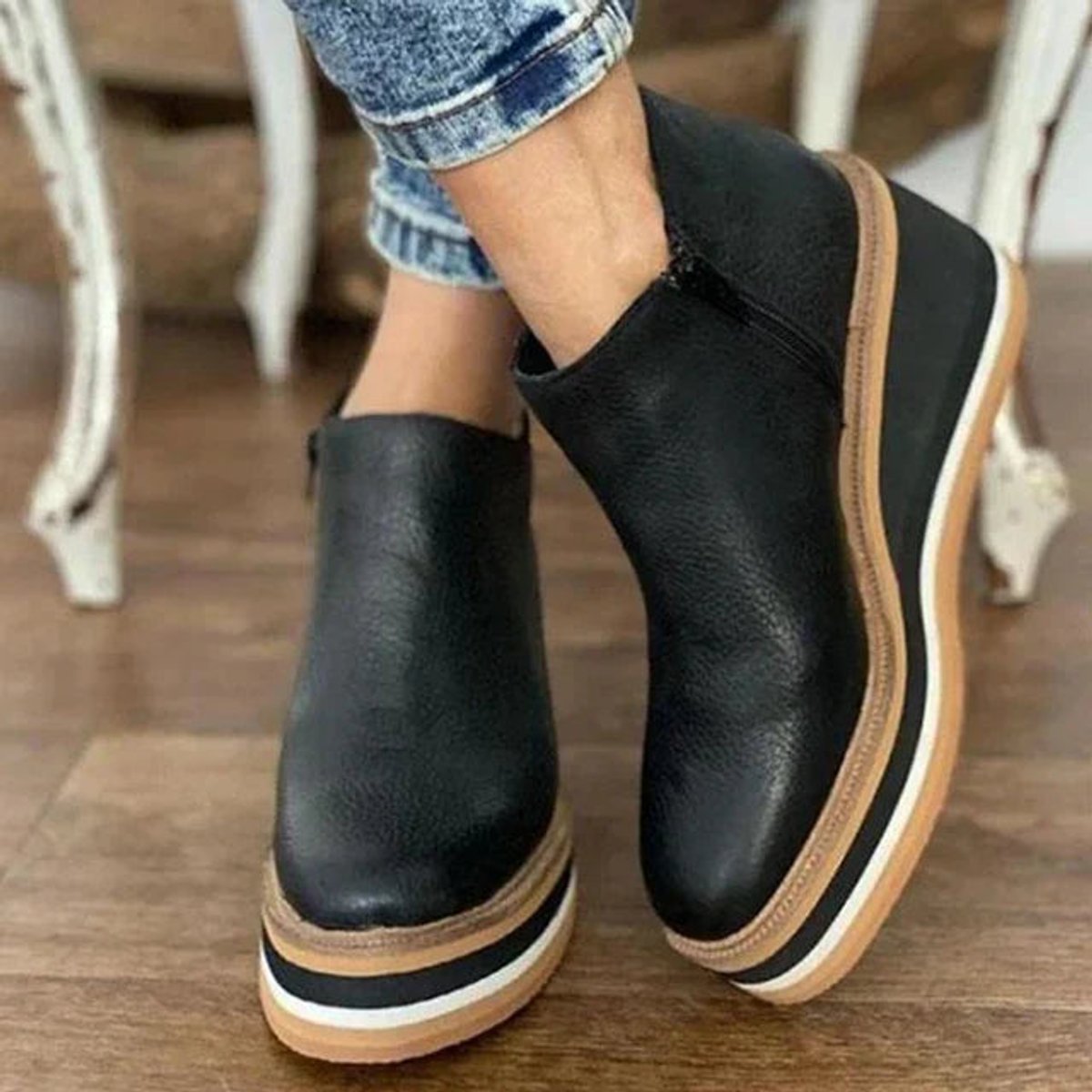 Women's Wedge Platform Zip-Up Ankle Boots Round Toe