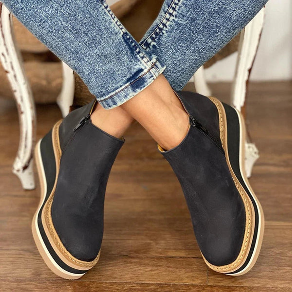 Women's Wedge Platform Zip-Up Ankle Boots Round Toe