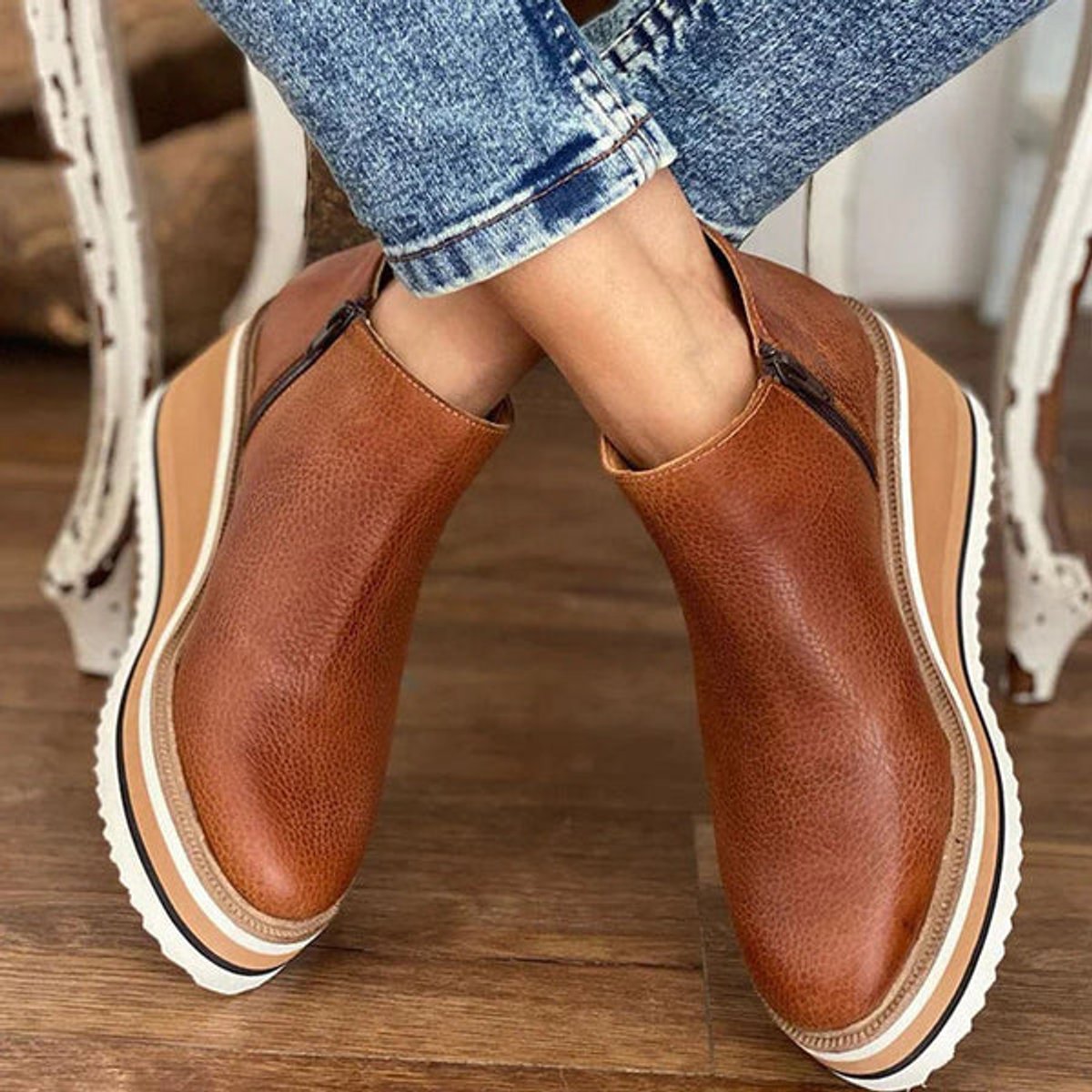 Women's Wedge Platform Zip-Up Ankle Boots Round Toe