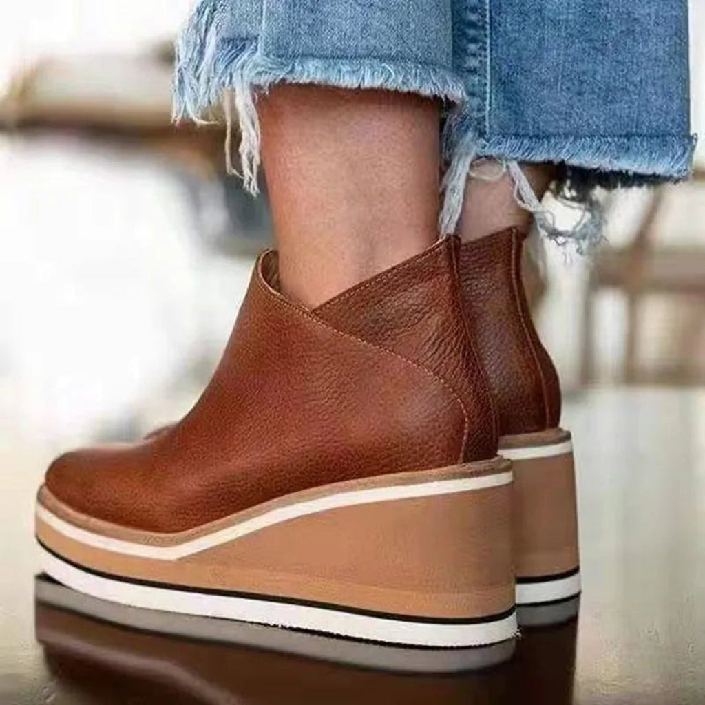 Women's Wedge Platform Zip-Up Ankle Boots Round Toe