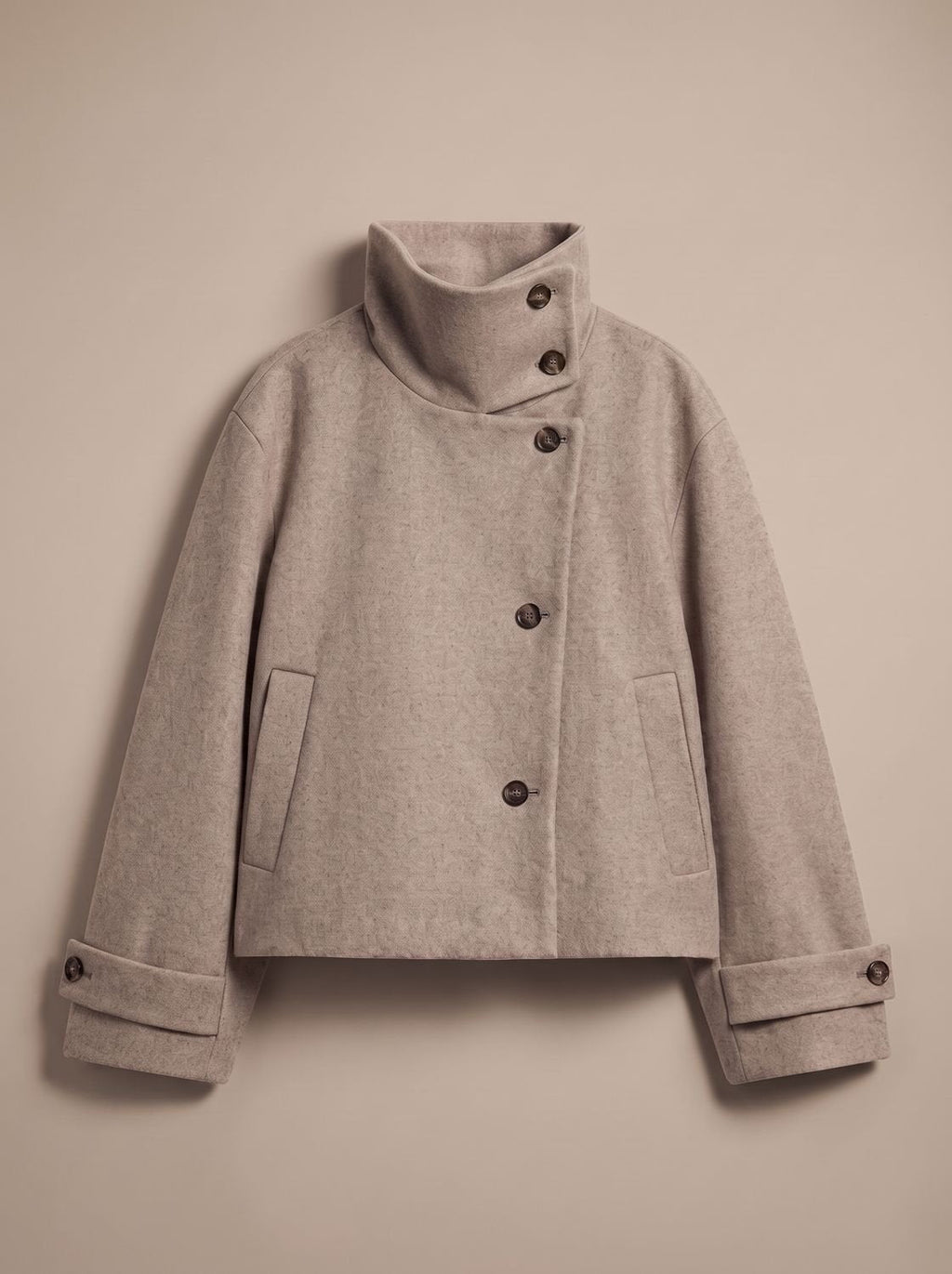 Women's Wool Blend Cropped Coat with Asymmetric Buttons - Beige