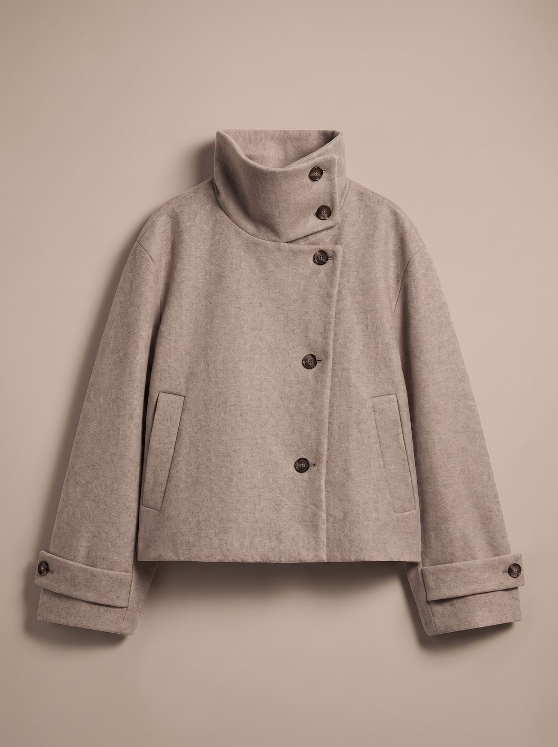 Women's Wool Blend Cropped Coat with Asymmetric Buttons - Beige