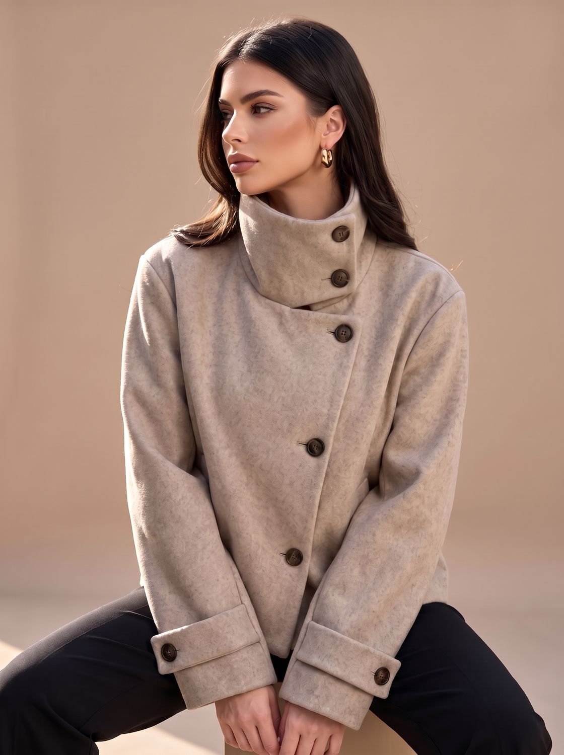 Women's Wool Blend Cropped Coat with Asymmetric Buttons