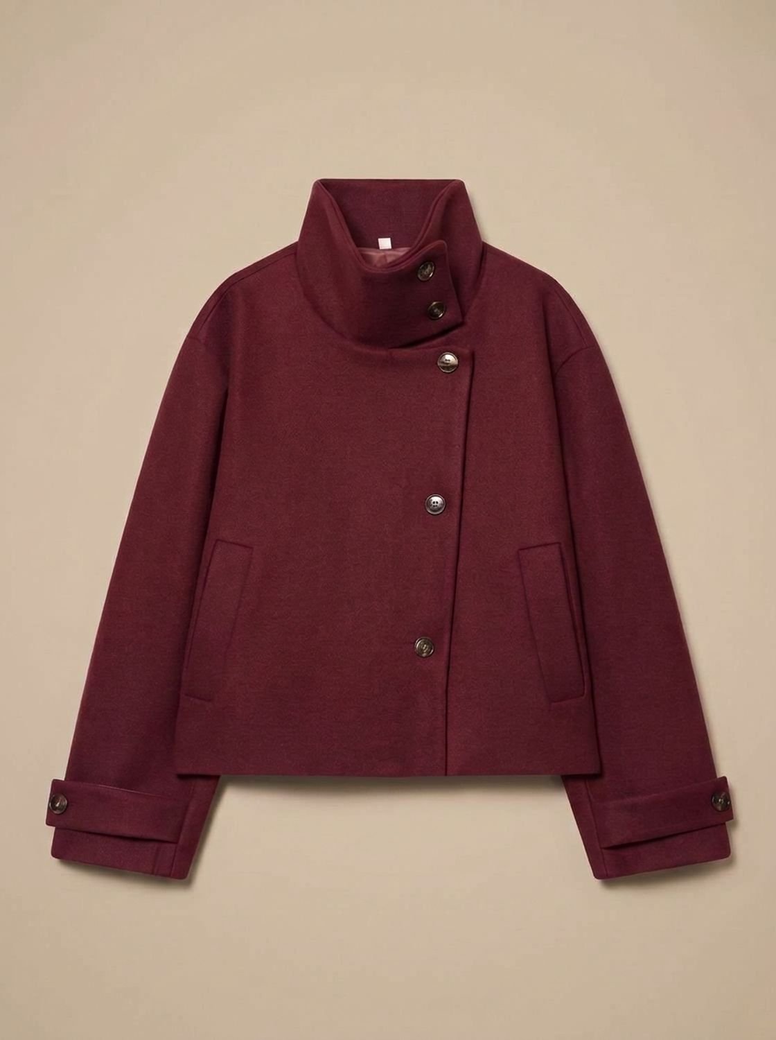 Women's Wool Blend Cropped Coat with Asymmetric Buttons - Red