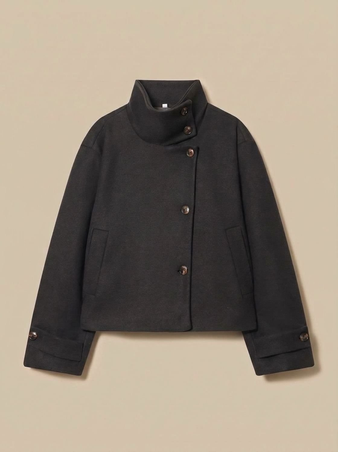 Women's Wool Blend Cropped Coat with Asymmetric Buttons - Black
