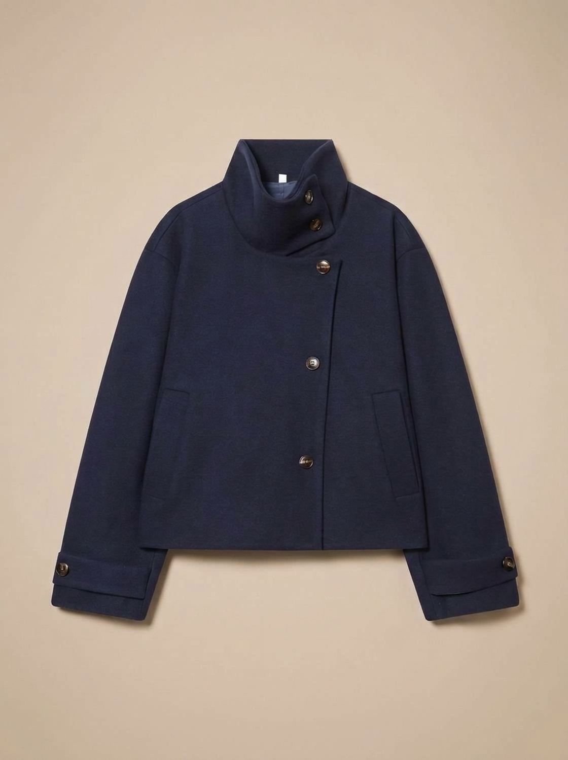 Women's Wool Blend Cropped Coat with Asymmetric Buttons - Dark Blue