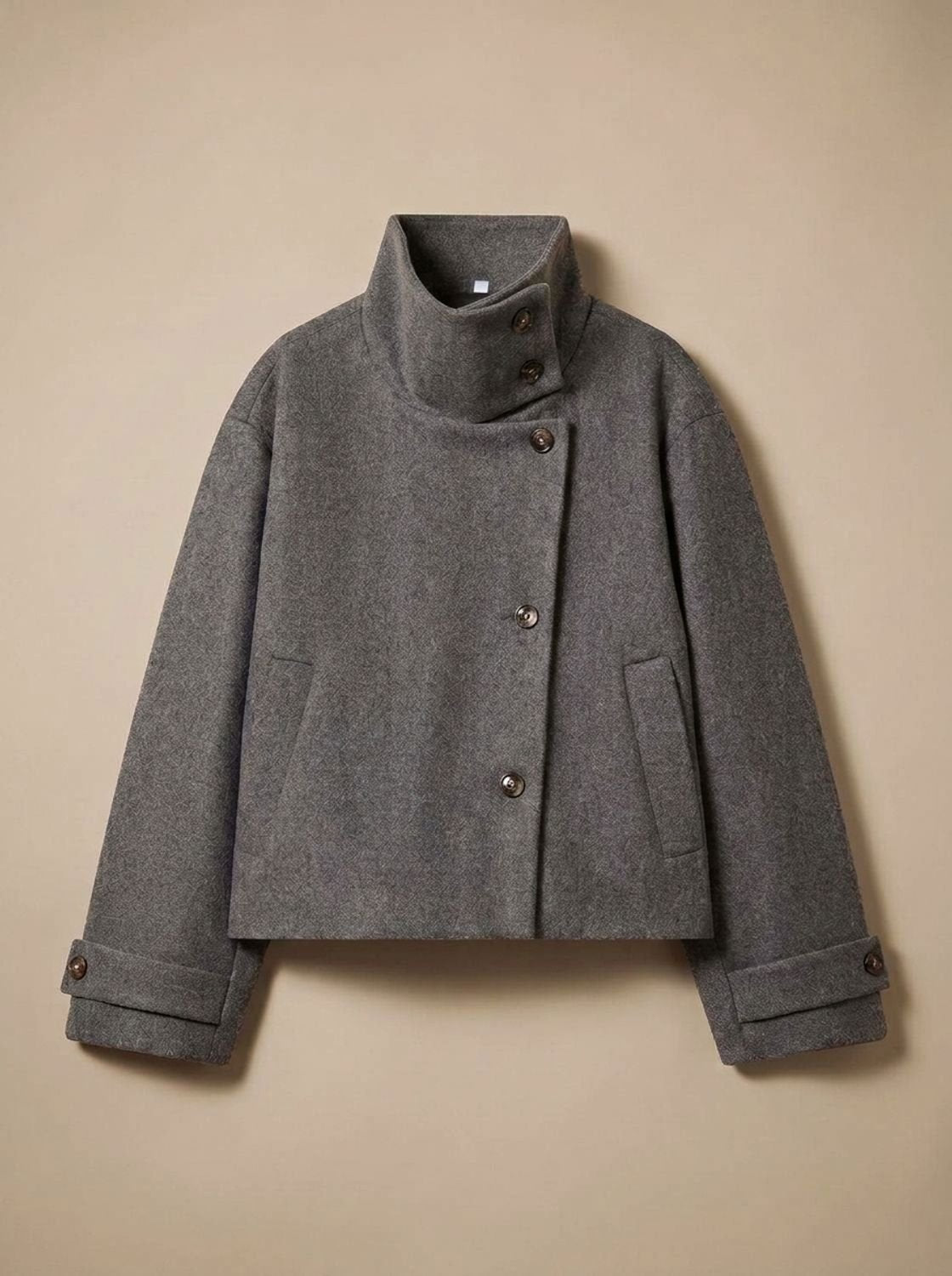 Women's Wool Blend Cropped Coat with Asymmetric Buttons - Gray