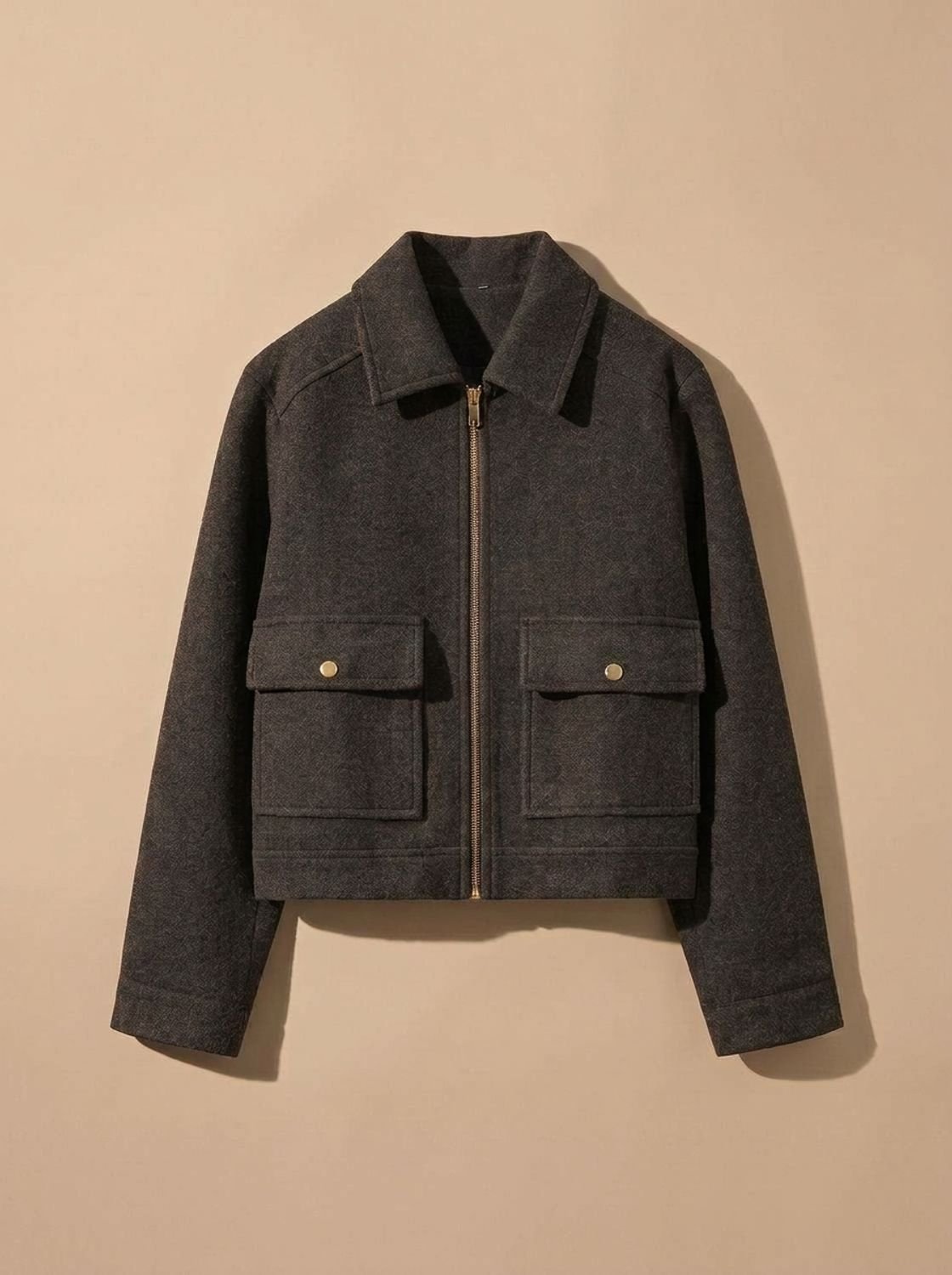 Women's Wool Blend Cropped Coat with Asymmetric Buttons - Gray Black