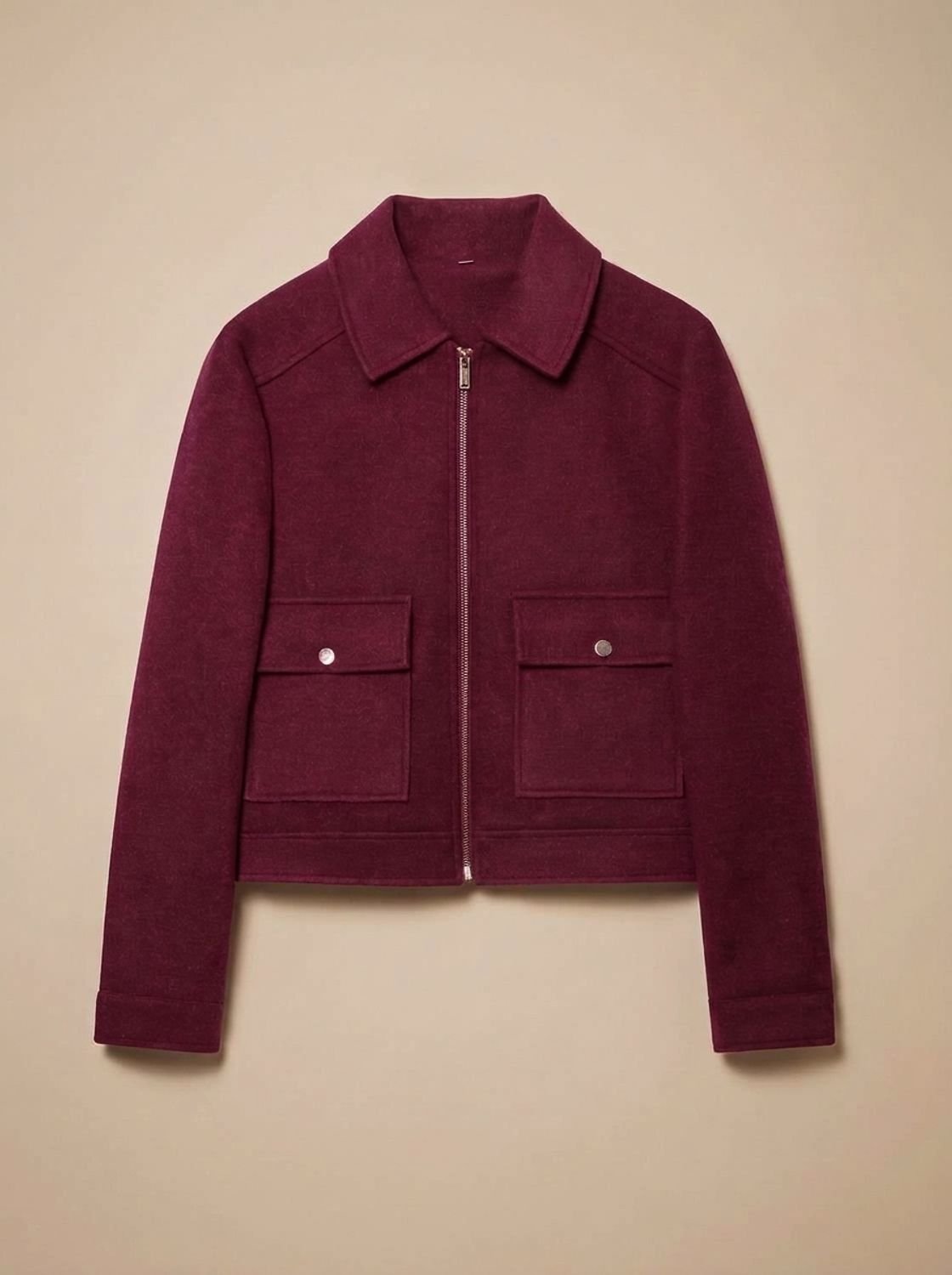 Women's Wool Blend Cropped Coat with Asymmetric Buttons - Burgundy