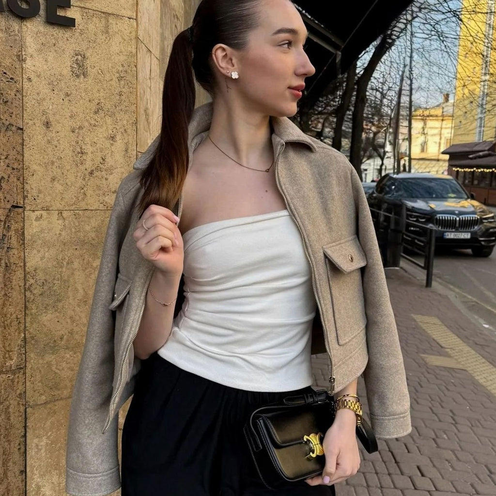 Women's Wool Cropped Bomber Jacket - Brown