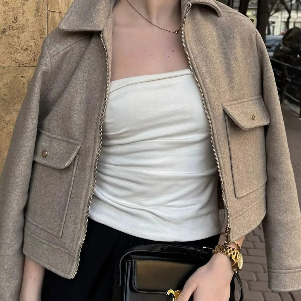 Women's Wool Cropped Bomber Jacket - Khaki