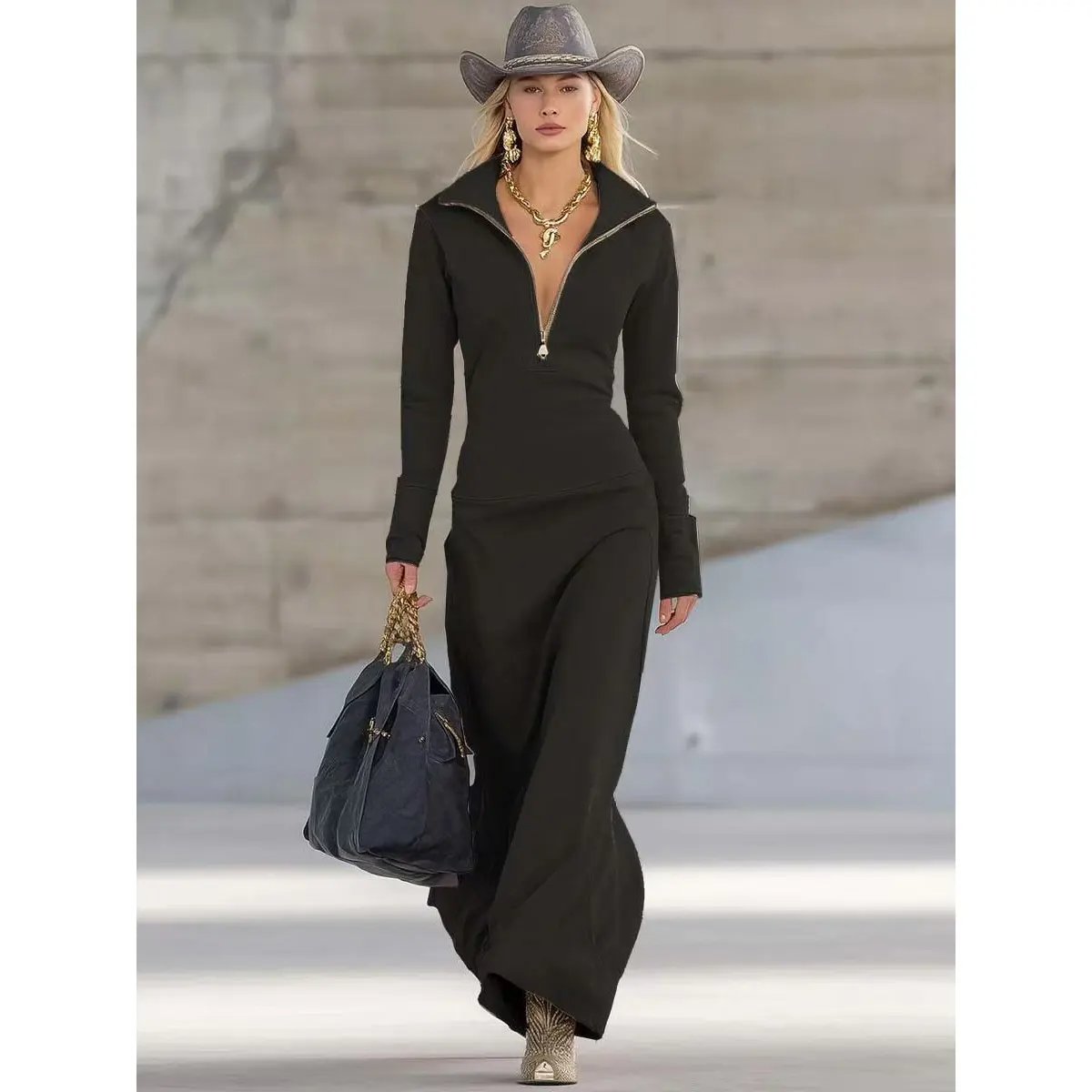 Women's Zip-Up Collared Maxi Dress