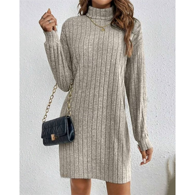 Women's Ribbed High-Neck Sweater Dress - Apricot