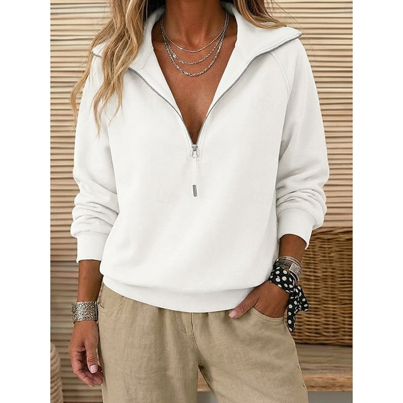 Women's Relaxed Quarter-Zip Pullover with Stand-Up Collar - White