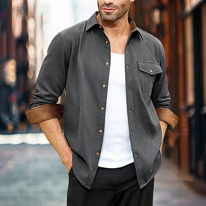 Men's Rugged Button-Front Overshirt with Chest Pocket - Dark Gray