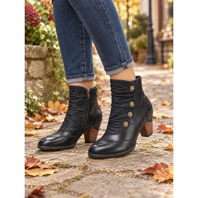 Women's Ruched Ankle Boots with Floral Buttons and Block Heel