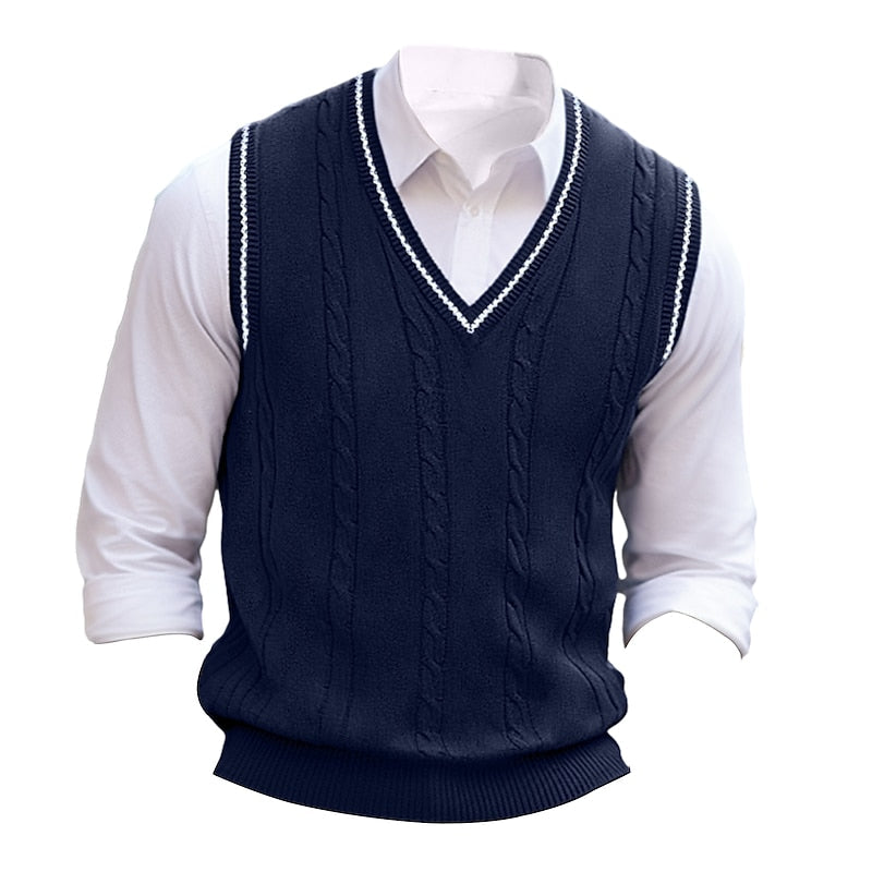 Men's Cable-Knit V-Neck Sweater Vest - Dark Navy