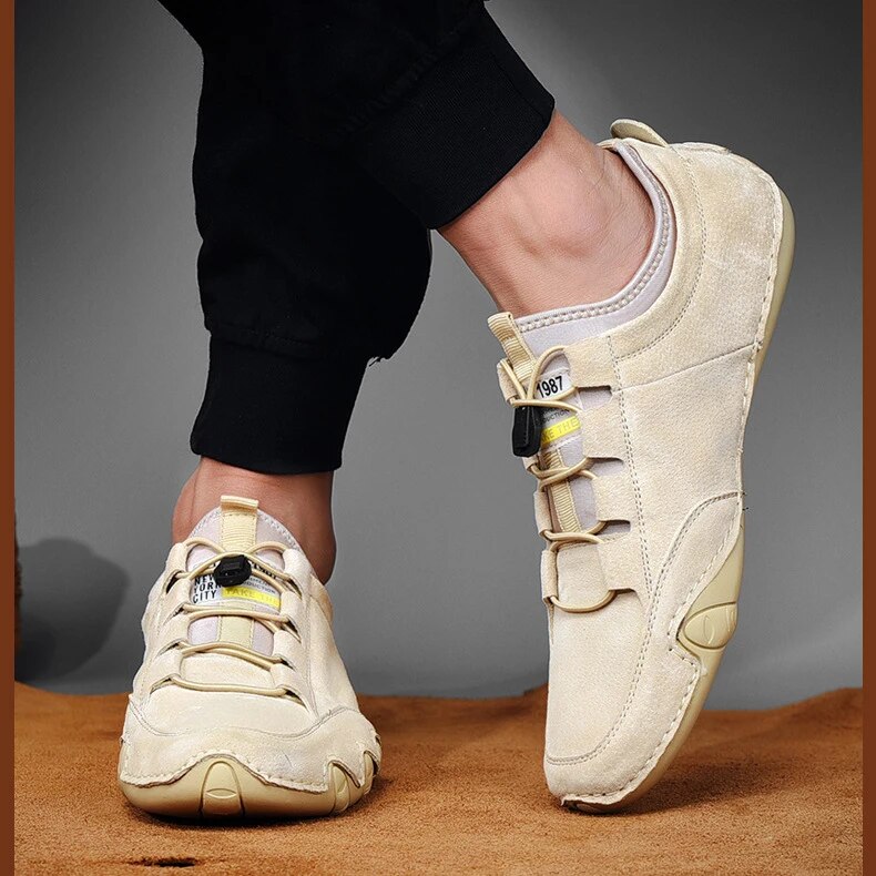 Men's Leather Drawcord Loafers - Khaki Beige