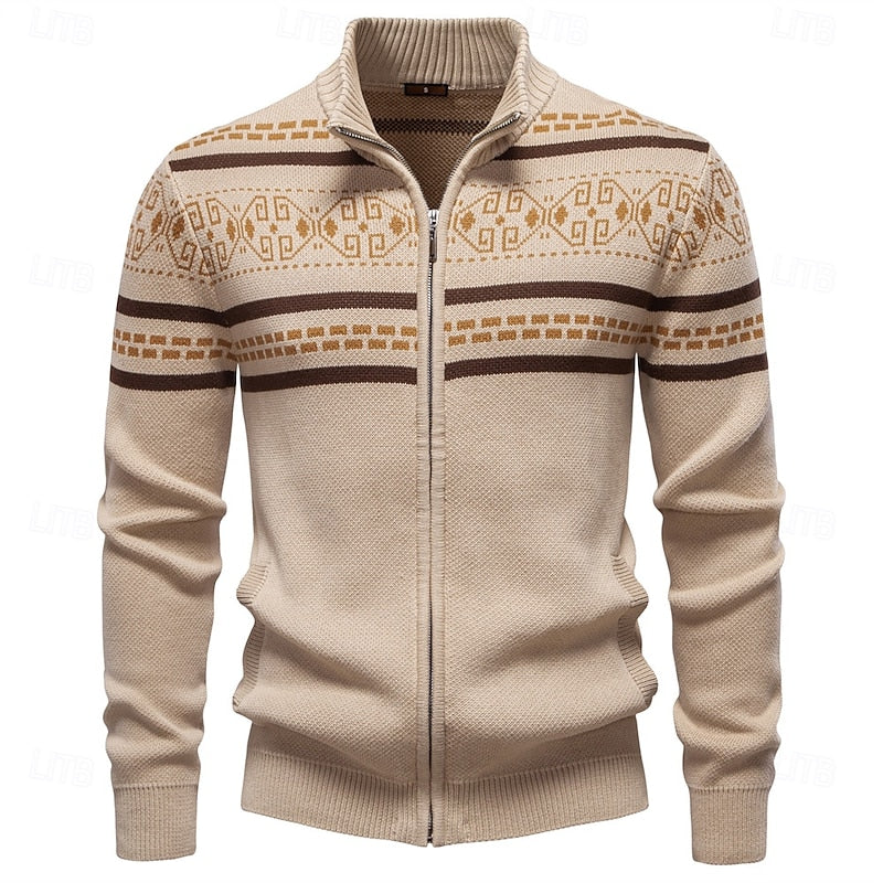 Women's Fair Isle Full-Zip Christmas Cardigan with Stand Collar - Khaki