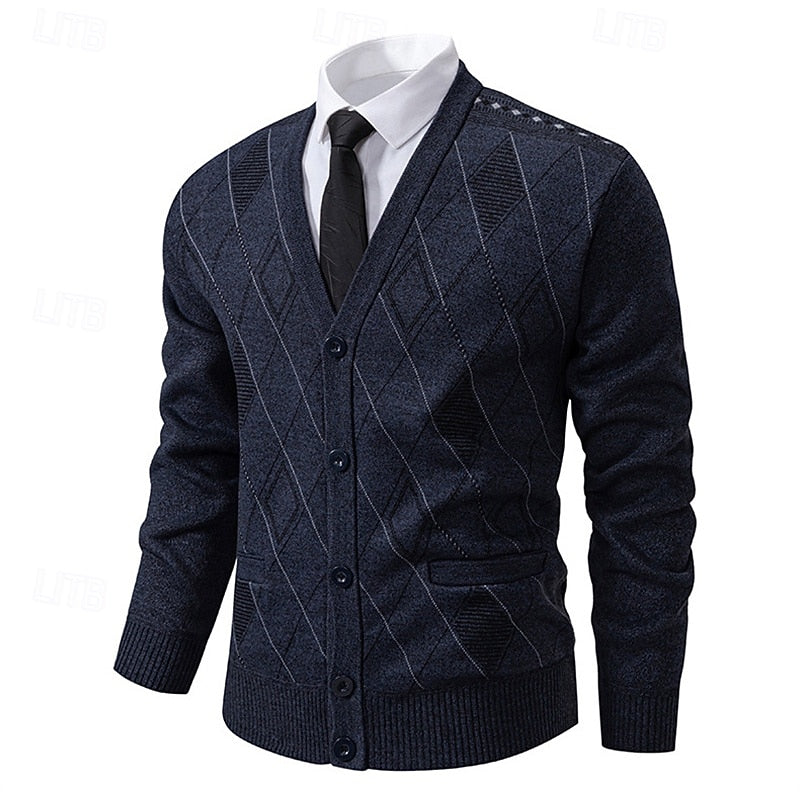 Men's Argyle V-Neck Button Cardigan with Side Pockets