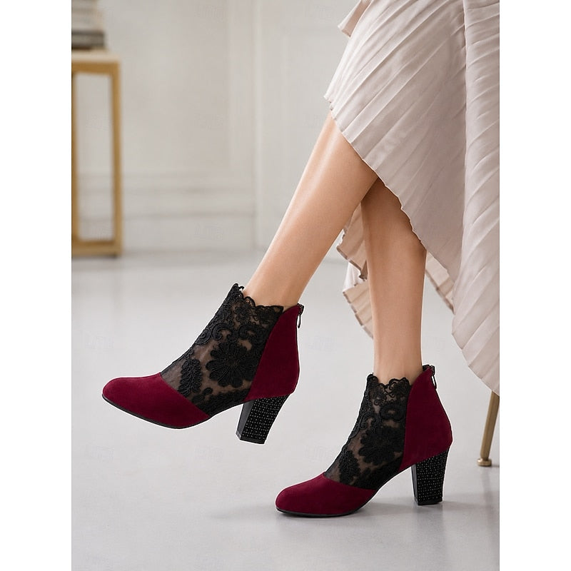 Women's Floral Lace Block Heel Ankle Boots - Black