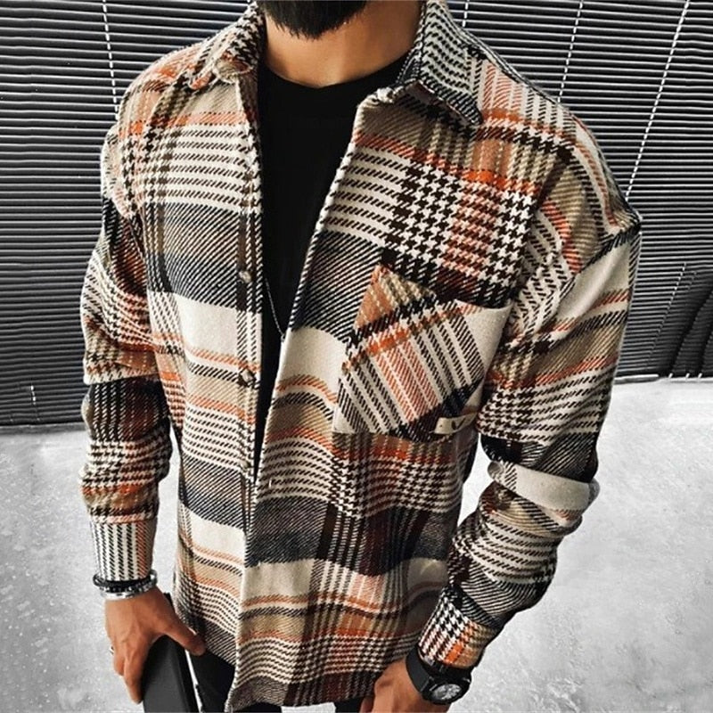 Men's Rugged Checked Overshirt with Chest Pocket - Orange