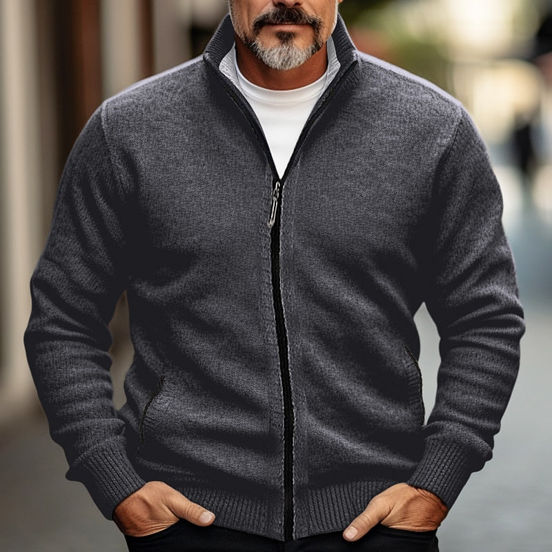 Men's Stand-Collar Full-Zip Knit Cardigan - Dark Gray