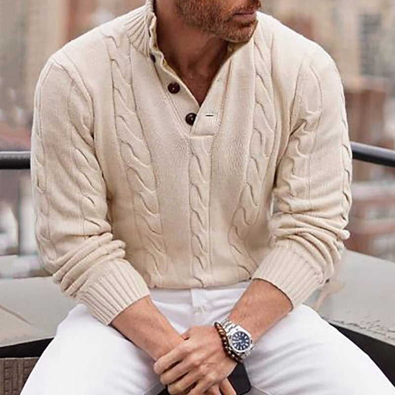 Men's Cable-Knit Button Henley Sweater - Apricot