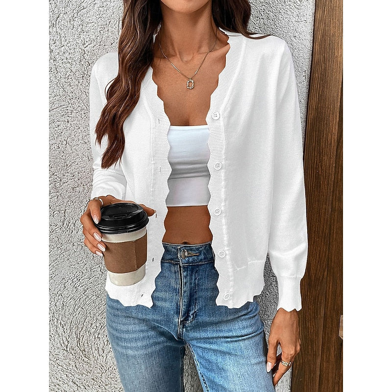 Women's Scalloped-Edge V-Neck Button-Front Cardigan - Khaki