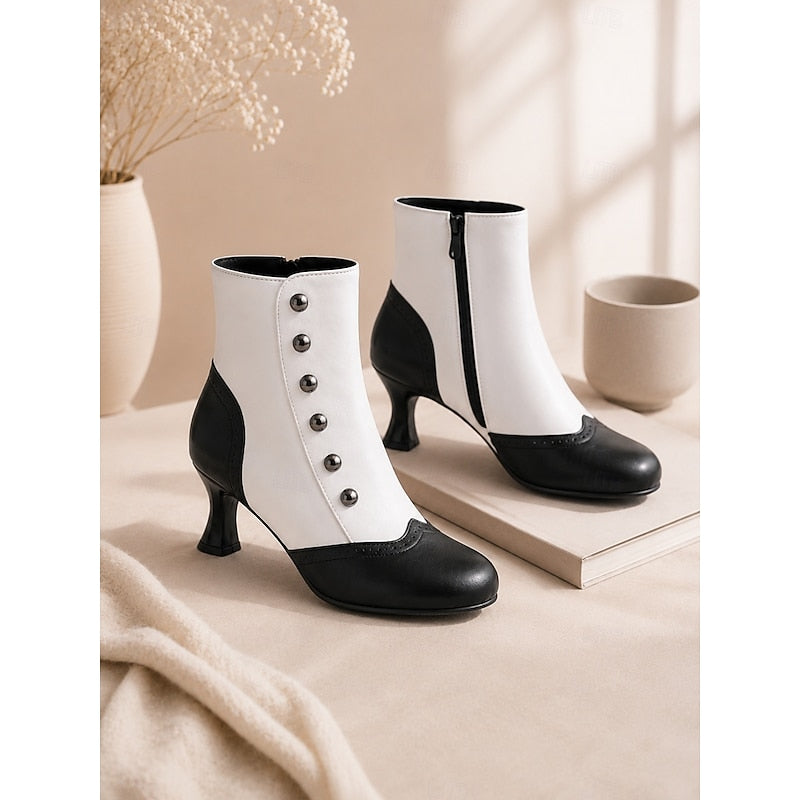 Women's Vintage Two-Tone Button Detail Ankle Boots