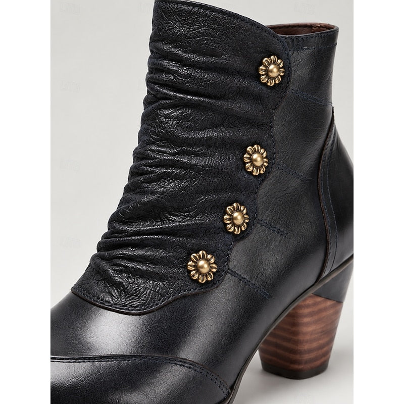 Women's Ruched Ankle Boots with Floral Buttons and Block Heel