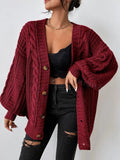 Women's Cable Knit Oversized Button-Down Cardigan - Red