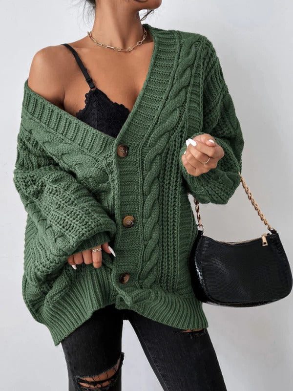 Women's Cable Knit Oversized Button-Down Cardigan - Green