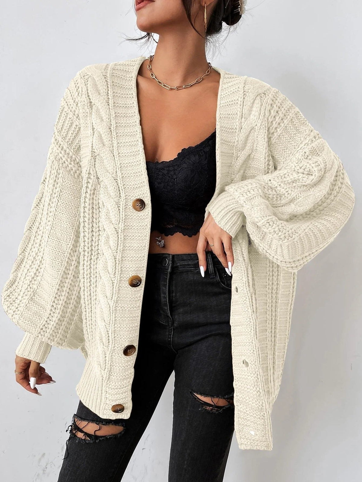 Women's Cable Knit Oversized Button-Down Cardigan - Beige
