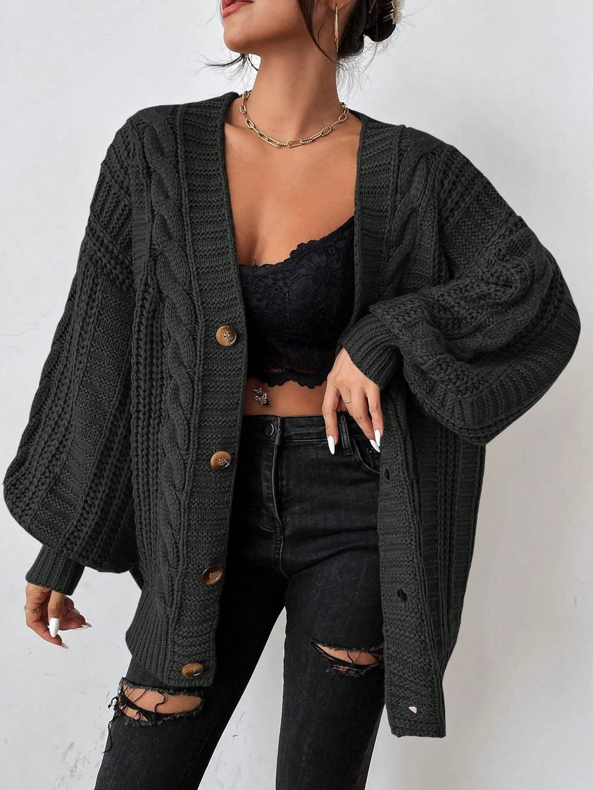 Women's Cable Knit Oversized Button-Down Cardigan - Black