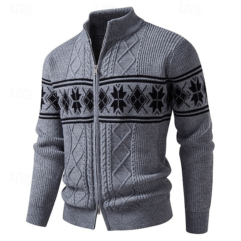 Women's Fair Isle Stand Collar Zip-Up Cardigan - Gray