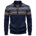 Women's Fair Isle Full-Zip Christmas Cardigan with Stand Collar - Navy Blue