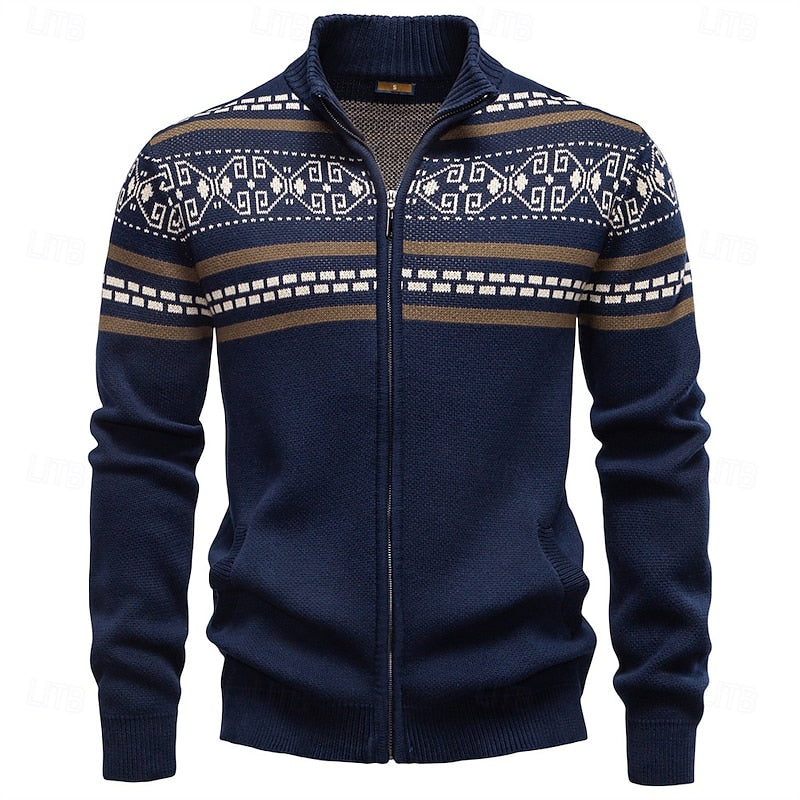 Women's Fair Isle Full-Zip Christmas Cardigan with Stand Collar - Navy Blue