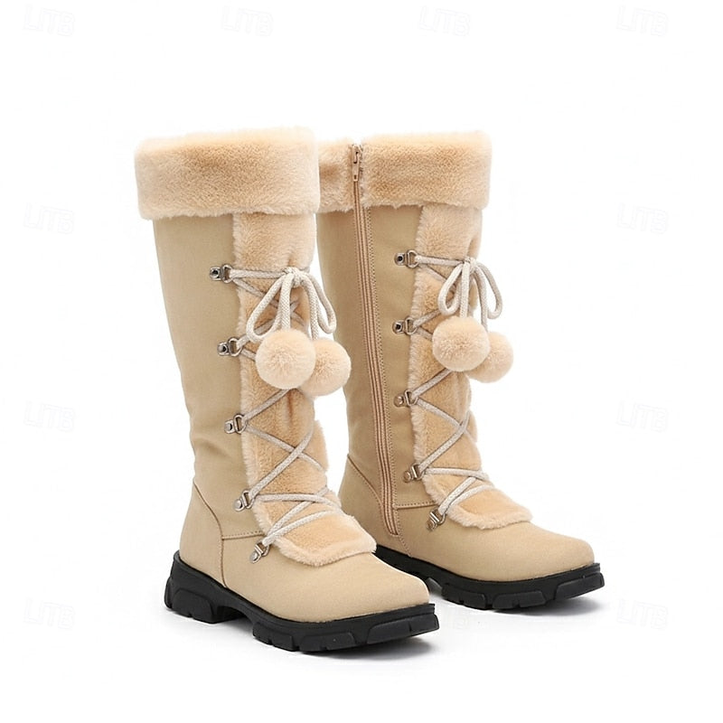 Women's Fur-Trim Lace-Up Mid-Calf Snow Boots - Beige