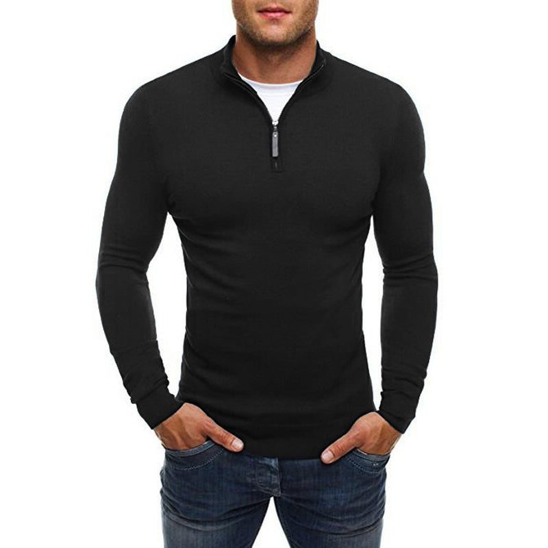 Men's Slim-Fit Half-Zip Sweater with Stand Collar - Black