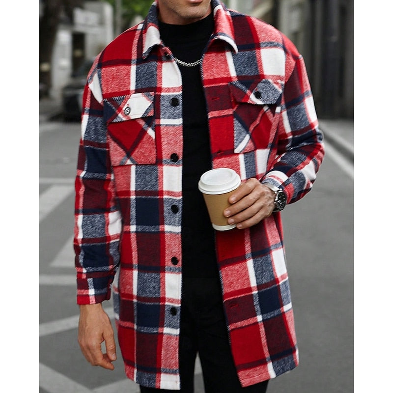 Women's Checked Overshirt Shirt Jacket with Chest Pockets - Wine