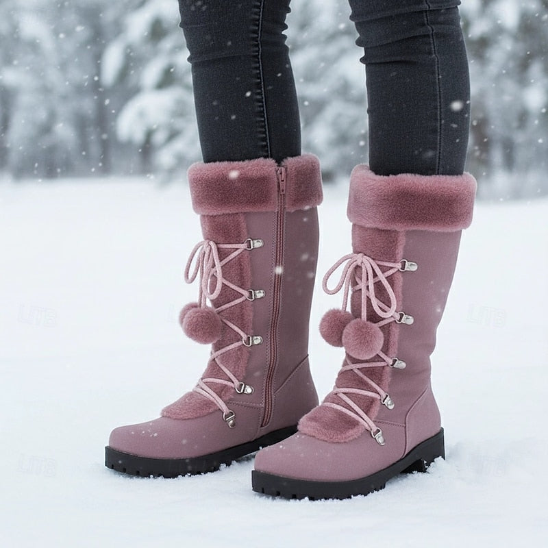Women's Fur-Trim Lace-Up Mid-Calf Snow Boots - Purple