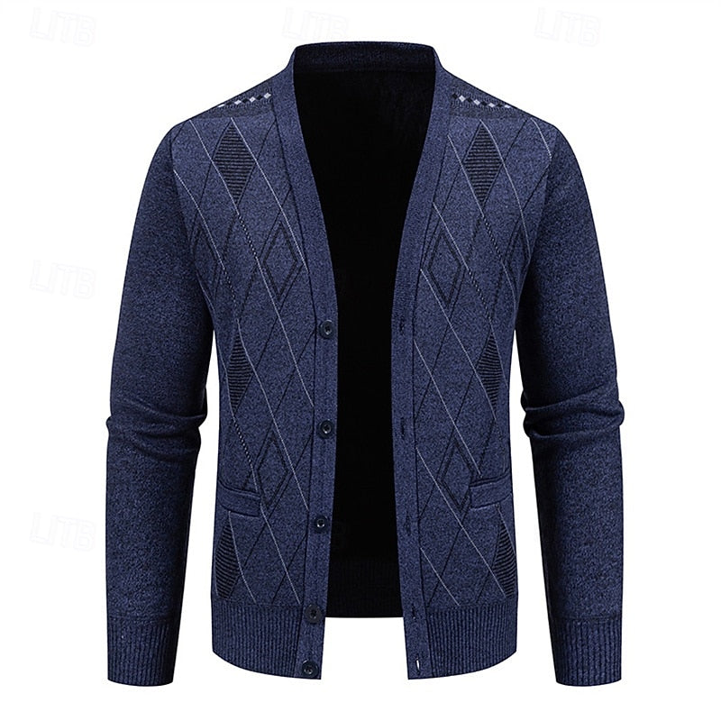 Men's Argyle V-Neck Button Cardigan with Side Pockets - Light Gray